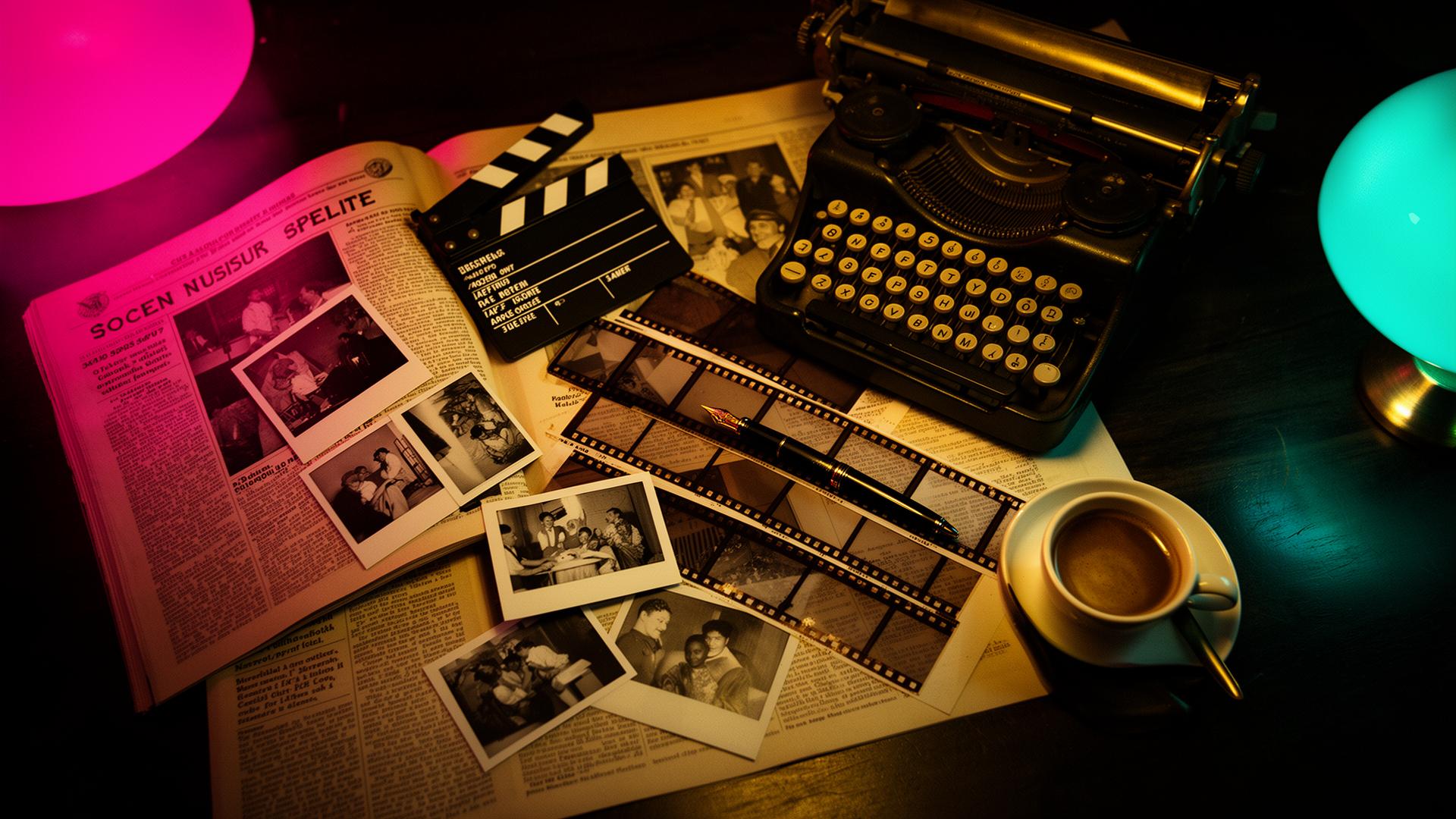 HC Films press dossier, editorial flat-lay of clippings, contact sheets and a clapperboard