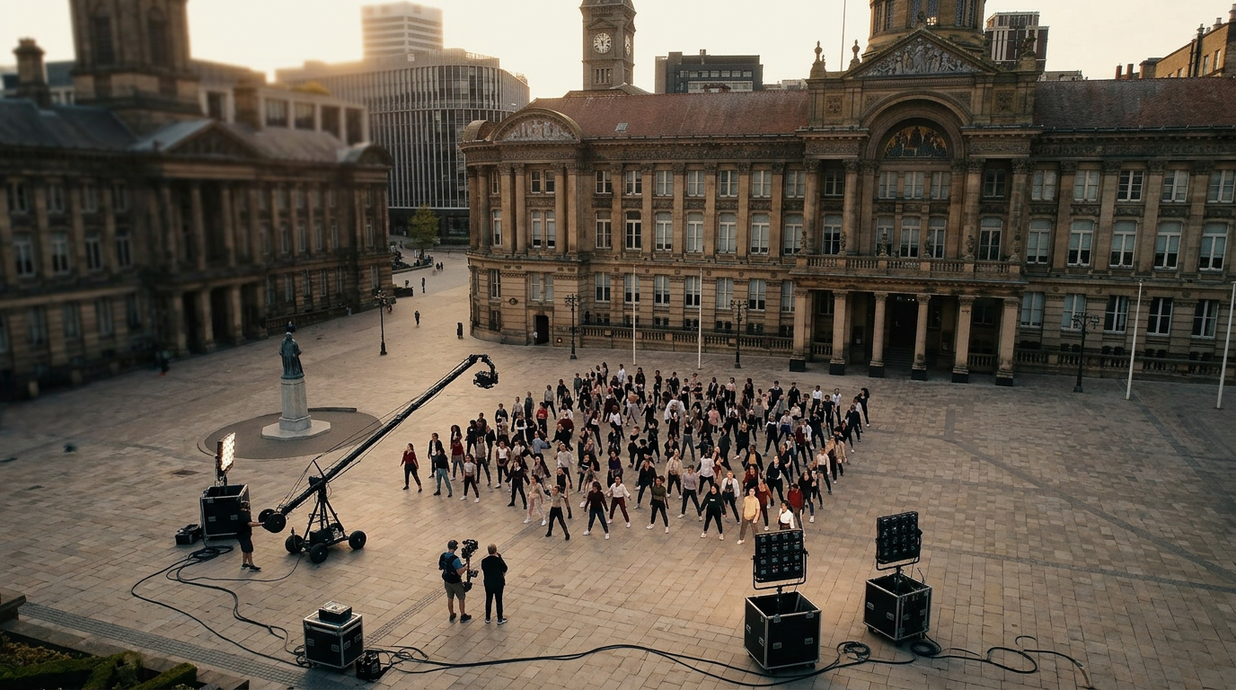 Aerial drone shot of a large dance ensemble in formation for a college-style music video shoot, with HC Films crew at the edges