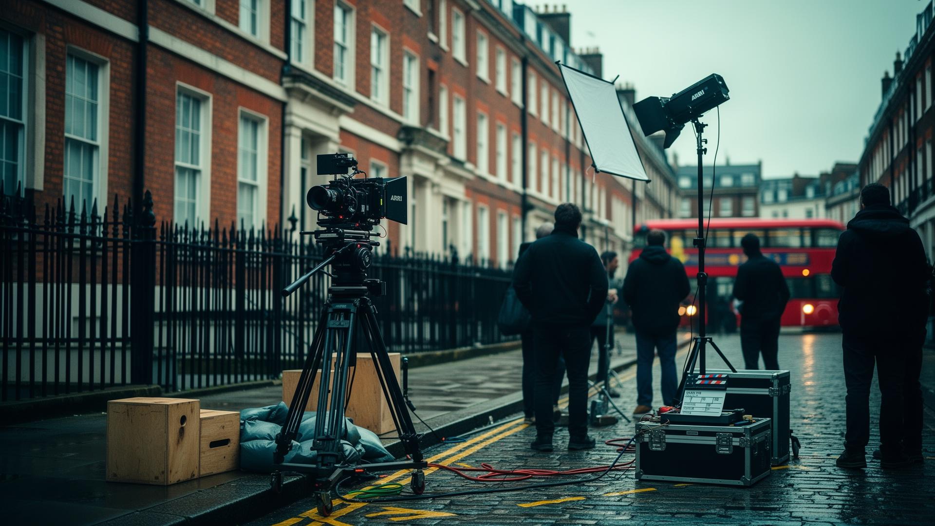 Behind-the-scenes London film production, ARRI camera, HMI lighting and crew on a Georgian terrace street